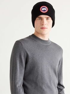 Shop CANADA GOOSE Logo-Appliquéd Merino Wool Beanie, Explore the latest in-season CANADA GOOSE collection today on MR PORTER Canada Goose Hat, Canada Goose Logo, Goose Logo, Beanie For Men, Mens Beanie Hats, Mens Beanie, Black Accessories, Wool Beanie, Embroidered Hats