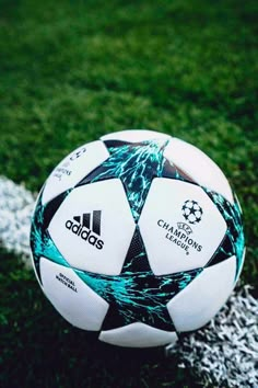 a soccer ball sitting on top of a lush green field