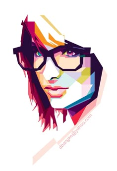 a woman's face with glasses and multicolored shapes