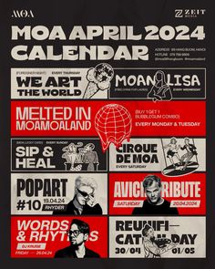 the poster for moga apri's calendar is shown in red and black