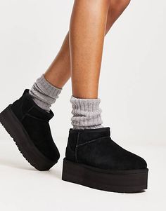 UGG Classic Ultra Mini platform boots in black | ASOS Black Uggs Platform, Ugg Platform Black, Black Uggs Aesthetic, Black Platform Uggs, Black Platform Uggs Outfit, Black Ultra Mini Uggs Outfit, Platform Uggs Black, Black Platform Outfit, Black Ugg Outfit