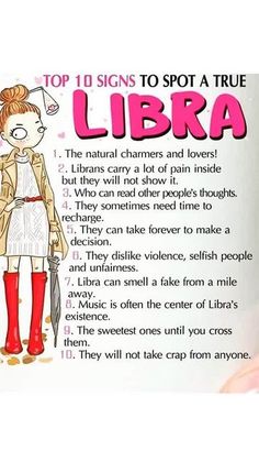 the top ten signs to spot a true libra in english and spanish, with an illustration of a woman wearing red boots