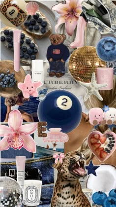 a collage of various items including blueberries, flowers and other things in the background