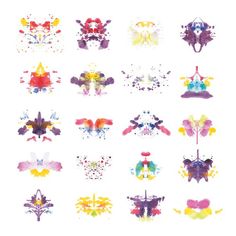 an assortment of colorful ink splots on white paper with different shapes and sizes