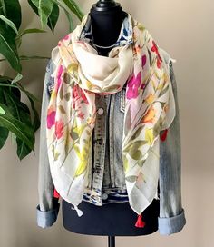 ❤️ This pretty handmade scarf is the perfect accessory! It is vibrant with colours in a pretty floral pattern which makes this a stunning accessory. All of our fall/summer scarves are 100% polyester which makes them lightweight, fade resistant, luxurious and washable. These are approximately 30 inches x 70 inches. Edges are tasselled. ❤ Each piece is packaged with love and ready for gift-giving or just for your own beautiful self! ❤    ❤ ABOUT BB: We are an inspirational and fun loving mother-da Bohemian Scarves, Spring Scarf, Loving Mother, Scarf Summer, Womens Scarf, Handmade Scarf, Spring Scarves, Summer Scarf, Printed Scarf