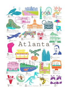 an illustrated poster with the words atlanta in different languages and pictures of various things on it