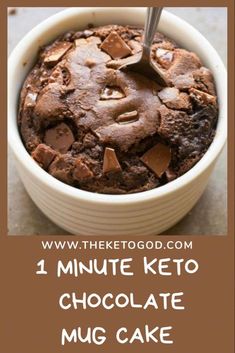 chocolate mug cake in a white bowl with the words, 1 minute keto chocolate mug cake