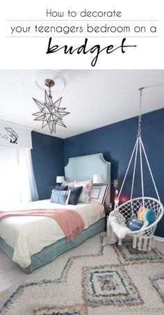 a bedroom decorated in blue and white with the text how to decorate your teenagers bedroom on a budget