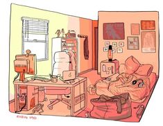 a drawing of a bedroom with an unmade bed