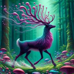 a painting of a deer in the middle of a forest filled with mushrooms and trees