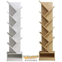 two different types of bookshelves on white and wooden shelves with one standing upright