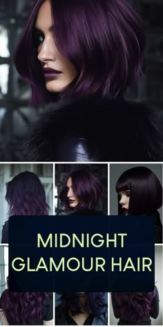 Get ready to turn heads with this stunning medium layered bob in glossy midnight purple! A fusion of sophistication and glamour, perfect for making a statement. All Over Purple Hair Color, Manic Panic Deadly Nightshade, Purple Hair For Dark Hair, Dark Fun Hair Color Ideas, Blackberry Hair Colour With Highlights, Purple Hair With Money Piece, Medium Purple Hair, Eggplant Hair Color, Dark Plum Hair Color