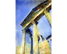 watercolor painting of columns in front of a blue sky