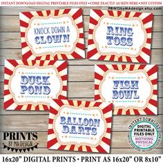 four red, white and blue circus themed printables for party favors or cupcake toppers