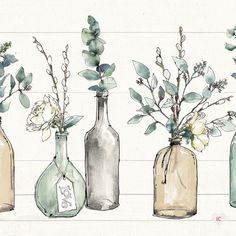 three glass bottles with flowers and leaves in them