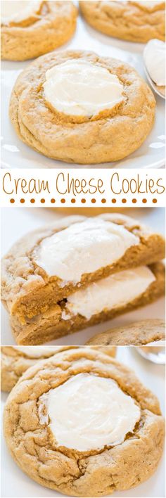 cream cheese cookies on a white plate with spoons in the background and text overlay that reads, cream cheese cookies