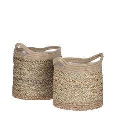 two large baskets with handles made out of jute and rope, on white background