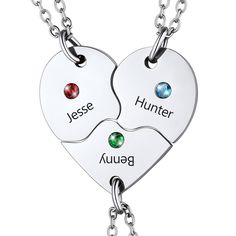 PRICES MAY VARY. BFF Necklace Set with 3 names and birthstones. Metal -made of hypoallergenic and color-lasting 316L Stainless Steel,Highly Resistant to Scratching,Rusting and Tarnishing. Custom Birthstone is made of cubic zirconia stones, shiny and beutiful looking.Size: heart pendant 1.2 x 1.2 inch(30x30mm),1.3mm thick. Chain Length: 18 inches, extender 2 inches(means necklaces can be adjusted to 20 inch max). Lover, weirdo, family, friends, team member, classmate necklaces. 【EASY TO CUSTOM】-- Sibling Friendship, Best Friend Hoodies, Puzzle Piece Necklace, Bff Necklace, 2 Best Friends, Heart Puzzle, Picture Necklace, Bff Necklaces, Best Friend Necklaces