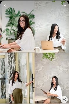 four different pictures of a woman sitting at a desk with a laptop and cell phone