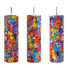 three different colored lighters with cartoon characters all over the same pattern on each one