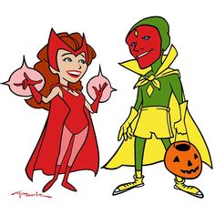 two cartoon characters dressed in halloween costumes and one is holding a jack - o'- lantern