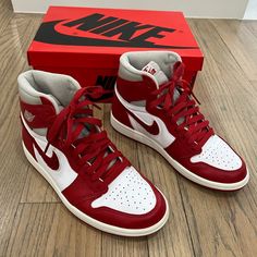 Brand New Air Jordan 1 High Og Wmns Newstalgia (Varsity Red) Women’s Size 7 With Box, Extra Laces And Keychain Red High Top Jordans, Jordan 1 Fakes, Red Nike Jordans, Red And White Air Jordans, Jordan 1 Rouge, Dark Red Jordans, Red Shoes Nike, Red Air Jordan 1 Outfit Women, Air Jordan 1 Valentines Day