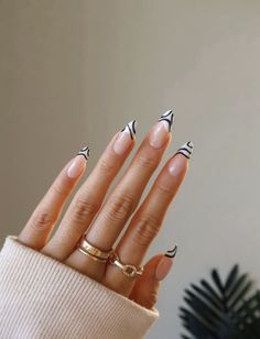 Clear Checkered Nails, Almond Abstract French Tip Nails, Black And White Oval Nail Designs, Almond Designs, Almond Nail Art, White Nail