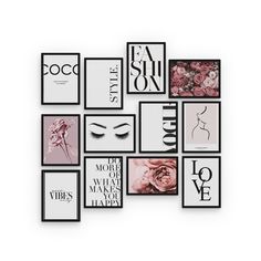 a collage of black and white photos with pink flowers on them, including the word love