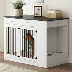 a dog in a kennel with its door open