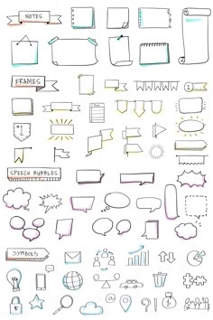 a bunch of different hand drawn speech bubbles and arrows on a sheet of lined paper