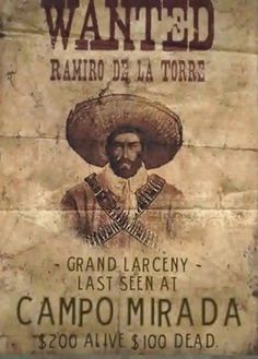 an old wanted poster with a man in a sombrero on it's back