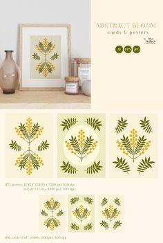 the instructions for how to make an abstract floral arrangement with flowers and leaves in yellow, green