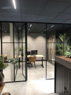 an office with glass walls and plants in the center