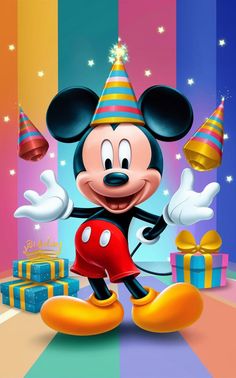 the mickey mouse is wearing a party hat