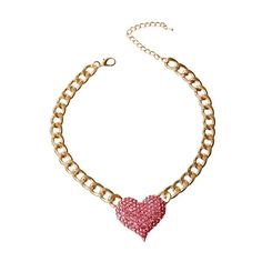 Pink Rhinestone Heart Heart Measures 2” Wide Gold Platted Chain Necklace Heart-shaped Rhinestone Necklaces For Party, Heart Shaped Rhinestone Party Necklace, Valentine's Day Party Crystal Heart Necklace, Heart Pendant Rhinestone Necklace For Party, Party Heart Pendant Necklace With Rhinestones, Pink Crystal Heart Pendant Jewelry, Trendy Heart Shaped Rhinestone Jewelry, Trendy Rhinestone Jewelry For Valentine's Day, Pink Rhinestone Necklace With Bling For Gift