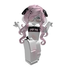 a cartoon character with pink hair and glasses holding an object in one hand while standing on a white surface