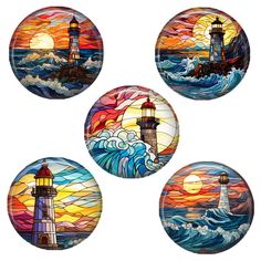 four stained glass coasters depicting lighthouses in the ocean with waves and sunset behind them