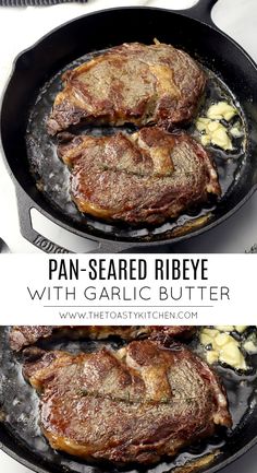 pan - seasoned ribeye with garlic butter in a cast iron skillet