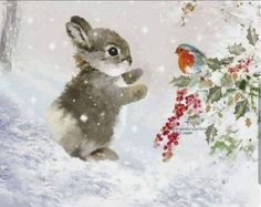 a painting of a rabbit and a bird in the snow with berries on it's nose