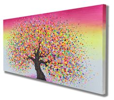 an abstract painting of a tree with colorful sprinkles on it's trunk