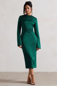 Zaina | Bottle Green Long Sleeve Midi Dress with High Neckline Long Sleeve Midi Silk Dress, Long Sleeve Midi Slip Dress, Long Sleeve Midi Dress Party, Long Sleeve Midi Dress Formal Parties, Long Sleeve Cocktail Dress Green, Elegant Midi Dresses Green, Satin Midi Dress Long Sleeve, Sleeved Midi Dress Formal, Long Sleeved Midi Dresses