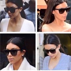 four pictures of different women wearing sunglasses and one has her hair in a pony tail