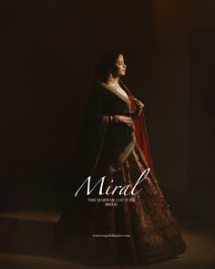 a woman in a black and red bridal gown with the words miral on it