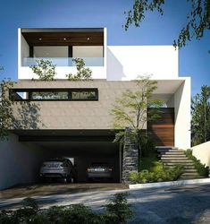 two cars are parked in front of a modern house with stairs leading up to the second floor