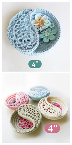 crochet coasters are shown in different colors and sizes