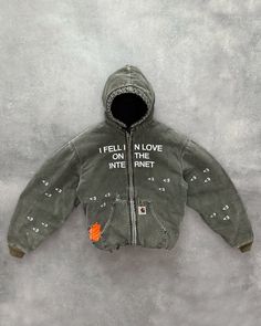 Carhartt Custom Jacket, Blast Hoodie Outfit, Custom Carhartt Jacket, Hood Y2k, Custom Carhartt, Reworked Jacket, Printed Denim Jacket