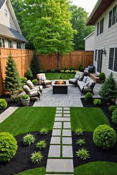 an outdoor patio with seating and landscaping