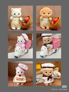 there are four pictures of stuffed animals in the same photo, each with a chef's outfit on