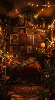 a bedroom with lots of plants and pictures on the wall above the bed is lit by string lights