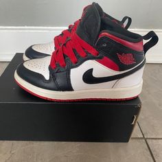 Little Kids Jordan 1s Mid. Size 12c. These Have Been Worn Less Than 5 Times Ever So They Are In Near Brand New Condition. Come With The Original Box. Jordans 1s, Jordan 1s Mid, Kids Jordan, Cute Colors, Jordan Red, Jordan 1s, Kids Jordans, Mid Size, Jordan Shoes